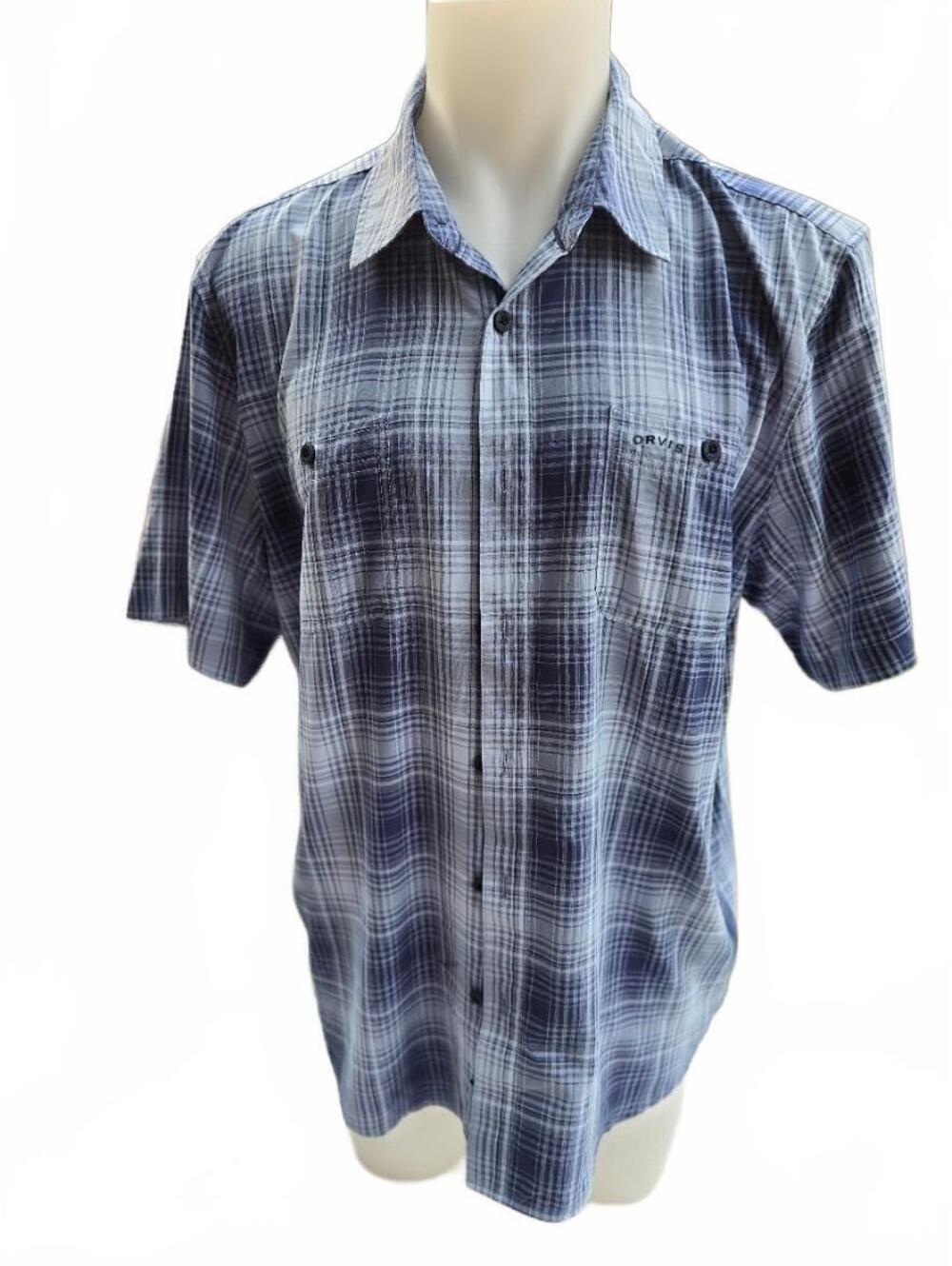 Orvis Men's XL Short Sleeve Button-Up Shirt Blue Plaid Cotton